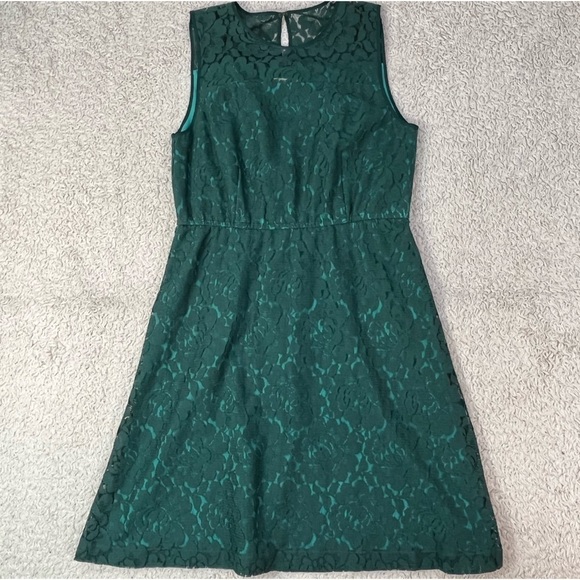 Fossil Green Mini Sleeveless Dress w/ Green Lace Overlay Size Small Boho - Picture 1 of 10
